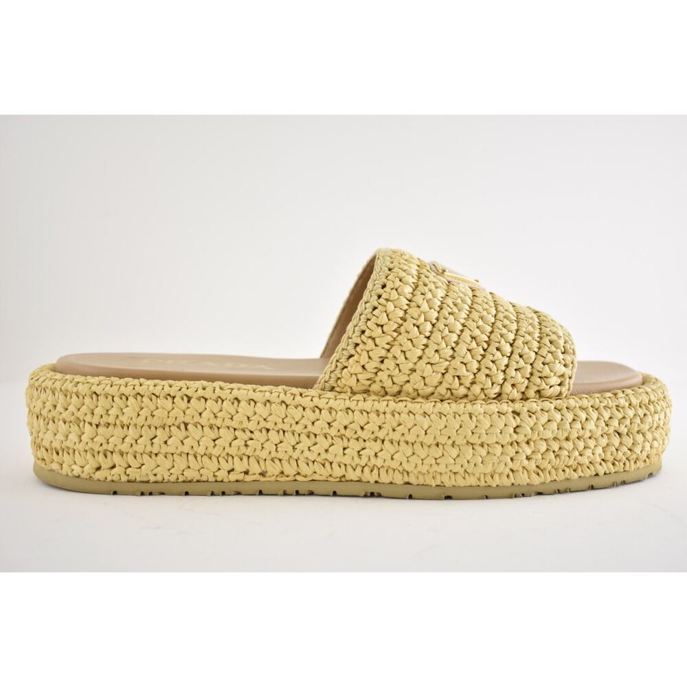 Prada Crochet Raffia Platform Slide Natural Beige Logo Mule Wedge Sandal 40 - Picture 2 of 16